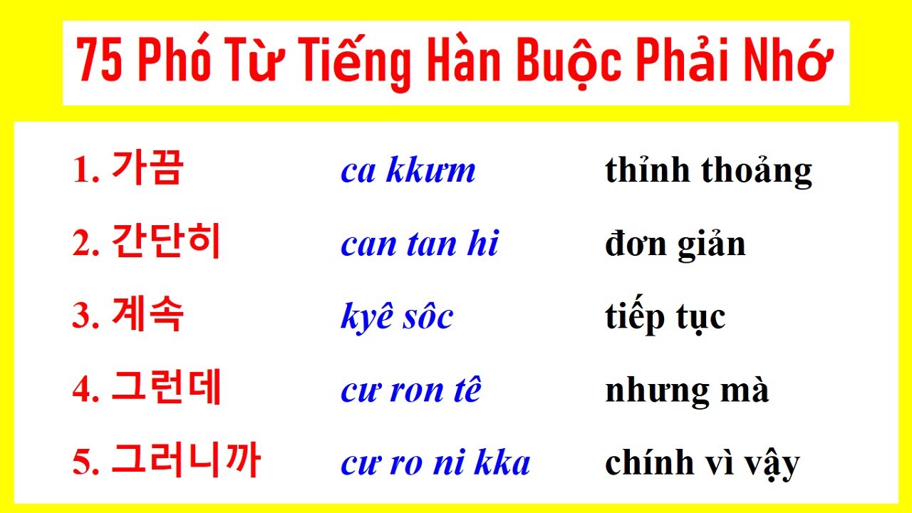 75 Phó Từ Tiếng Hàn Buộc Phải Nhớ (Dùng Thường Xuyên)