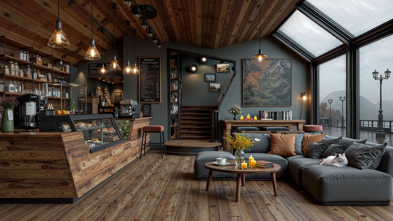 Peaceful Rainy Café Ambience with Jazz Piano & Cat ☕ Cozy Jazz Music for Focus, Study & Calm Mood