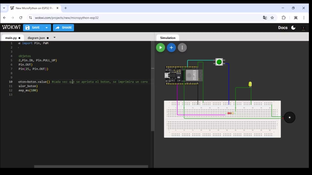 7. ESP32 Micro Python PULL_UP Push Boton controlador LED y Buzzer Wokwi y Thonny
