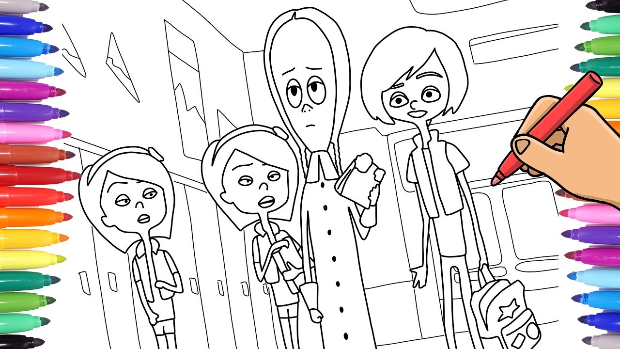 THE ADDAMS FAMILY COLORING BOOK FOR KIDS - WEDNESDAY ADDAMS AND HER FRIEND PARKER NEEDLER AT SCHOOL
