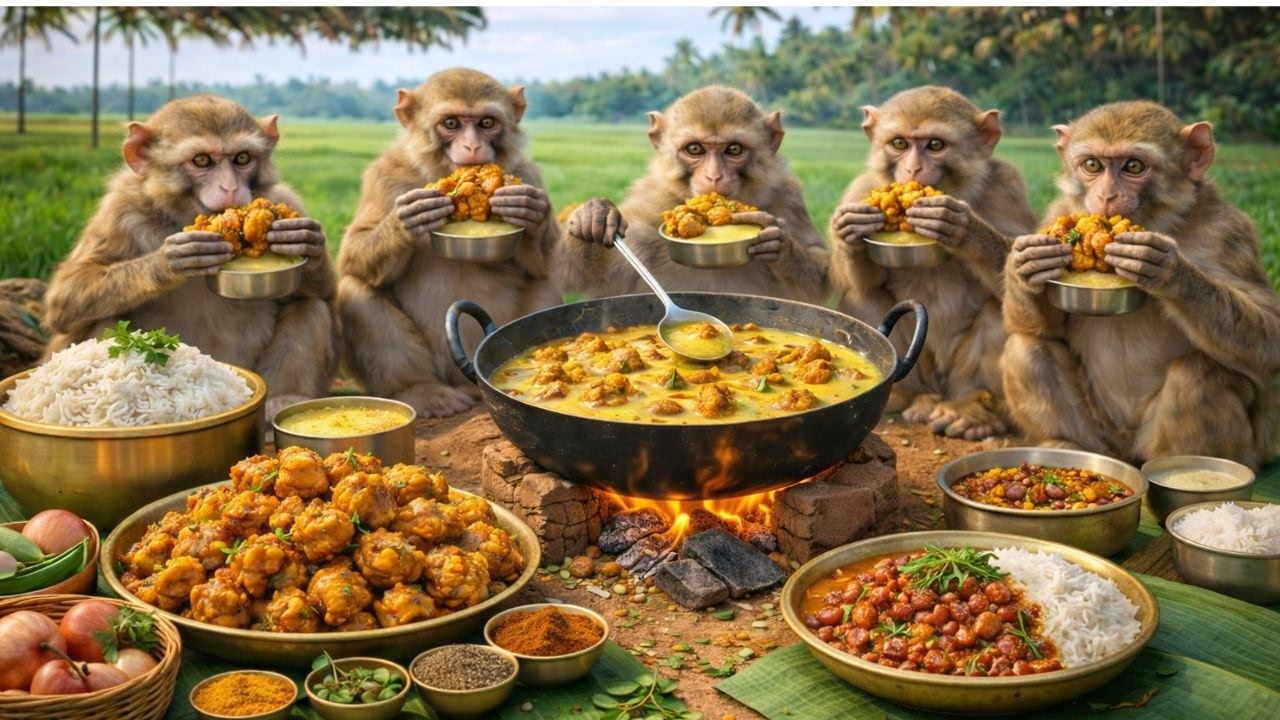 बंदरों ने मिलकर बनाया पंजाबी कढ़ी पकौड़ा 😋  Monkeys Made Punjabi Kadhi Pakora Together