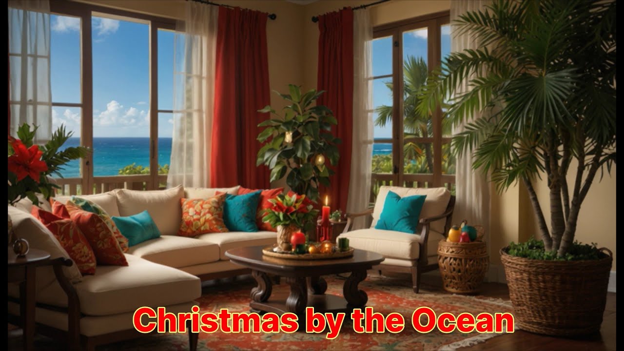 Relaxing Caribbean Christmas Living Room 🎄🌊 | Ocean View Holiday Ambience