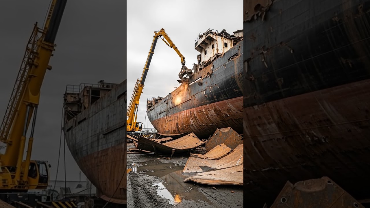🚢💥 Giant crane rips off an entire side of a rusty ship! 😱🔧