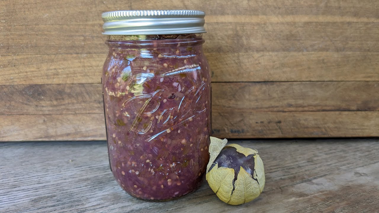 Canned Roasted Tomatillo Salsa (from purple tomatillos!)