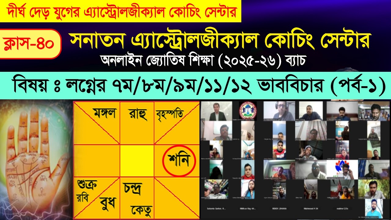 আজকের বিষয় লগ্নের ৭ম/৮ম/৯ম/১০ম/ ১১/১২ ভাববিচার (পর্ব -১)। অনলাইন জ্যোতিষ শিক্ষা ২০২৫-২৬ ব্যাচ।