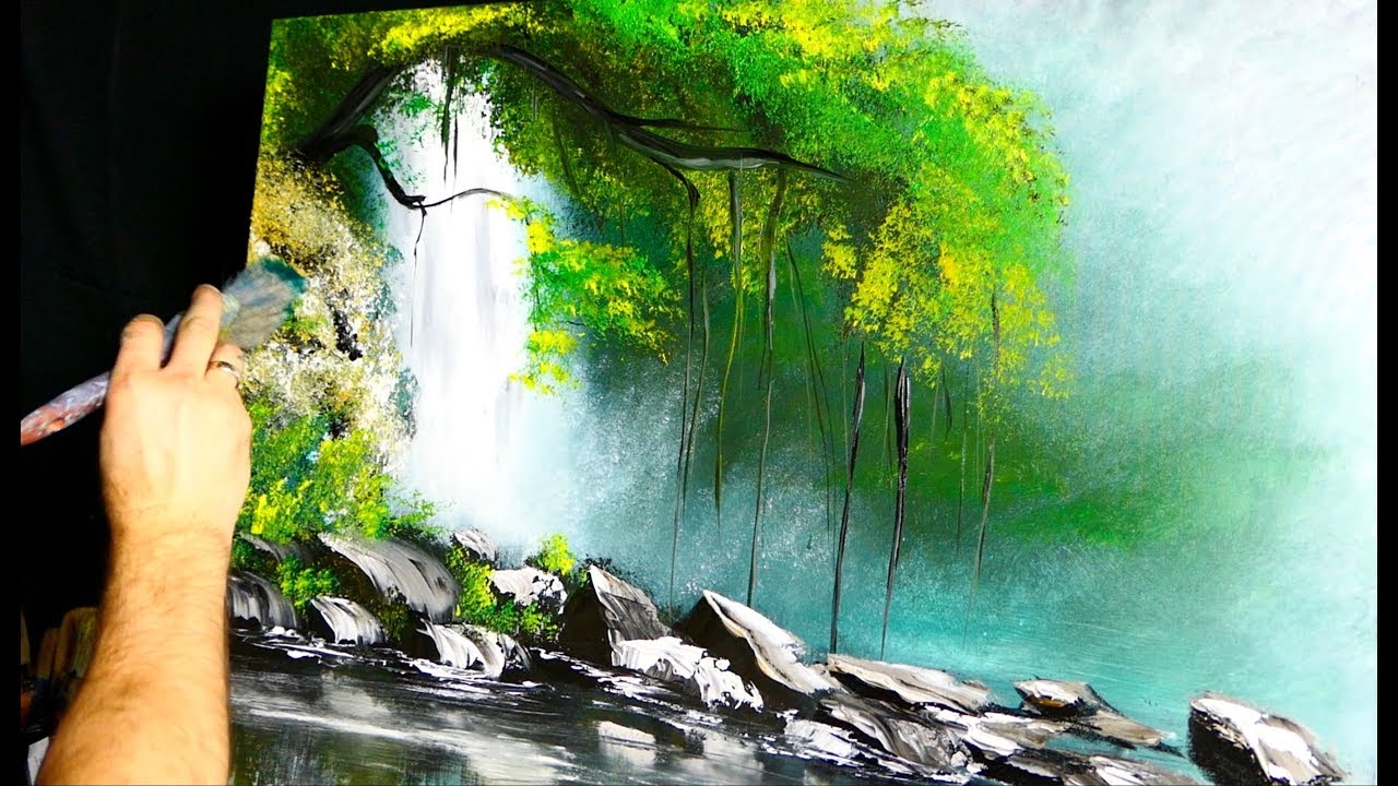 Paradise Green Waterfall | Slow Motion Step by Step acrylic painting techniques