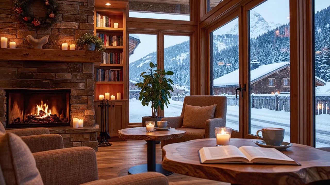 Peaceful Night Winter Coffee Lounge ☕ Cozy Jazz Piano & Gentle Fireplace Sounds for Study & Work