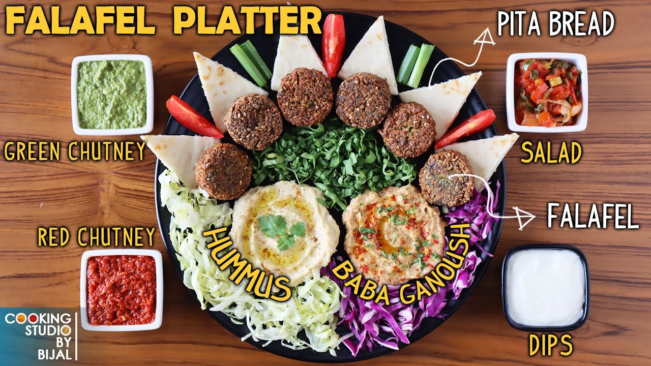 Falafel Platter Complete Recipe | Hummus | Baba Ganoush | Pita Bread | Falafel Roll & Sandwich