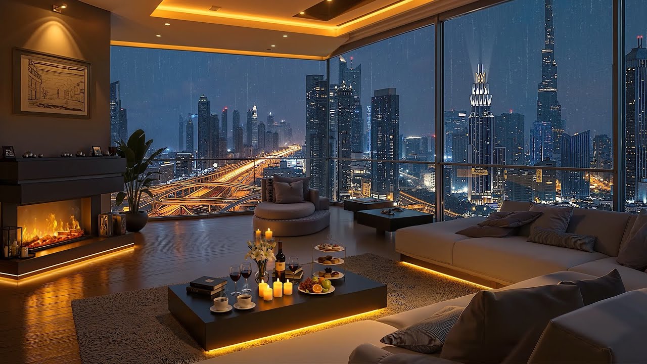 Chicago Riverside Apartment at Night 🌧️ Smooth Piano Jazz Music with Heavy Rain & City Lights