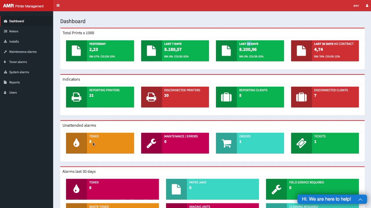 Overview all your managed printers with DASHBOARD from AMR printer management software.