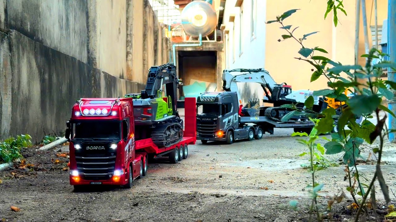 RC Scania 770 transportation excavator 1593 and excavators 1593 - Scania 770 Red Color