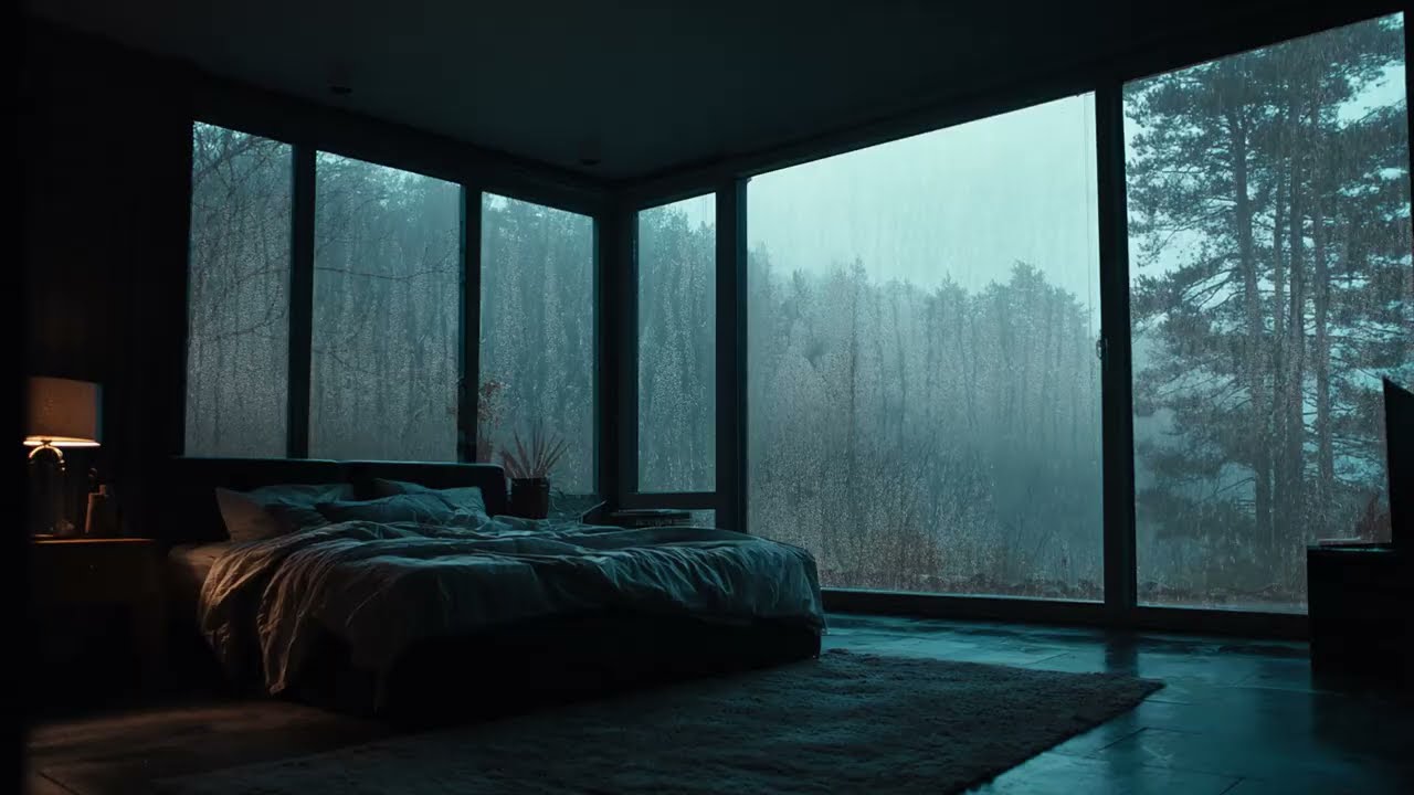 Cozy Forest Bedroom Rain on Window - Soothing Rainstorm Sounds for Sleep and Calm Energy