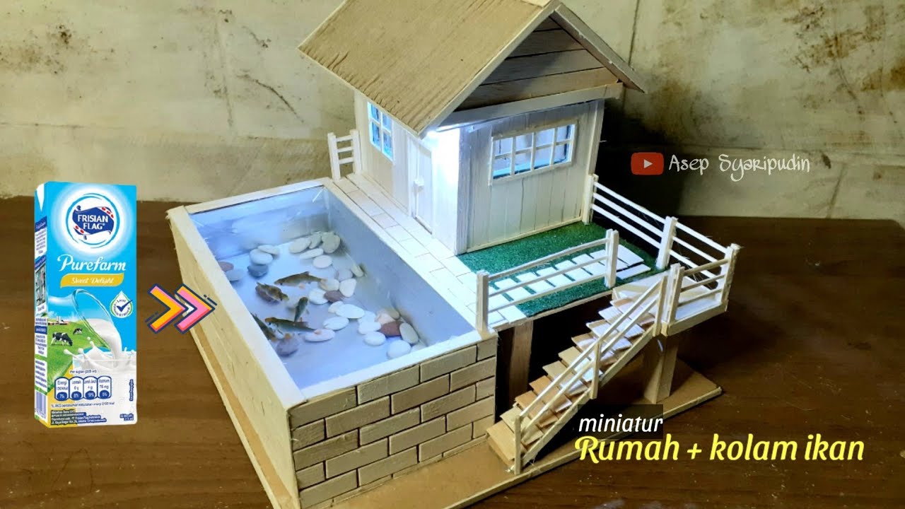 Miniatur rumah dengan kolam ikan | Kerajinan dari stik es krim | ada ikannya