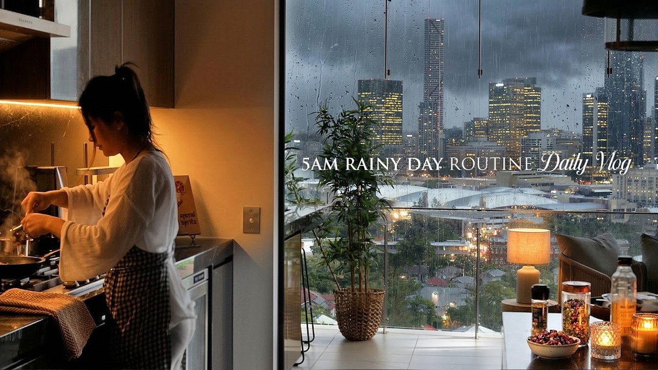 5AM Rainy Day Morning Routine | Lunchbox for Husband, Cooking bibimbap, Calm and Relaxing