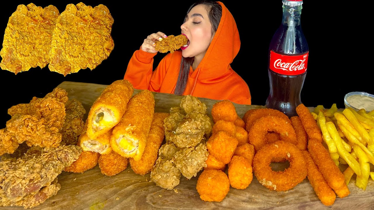 MUKBANG ASMR FRIED CHICKEN,FRENCH FRISE,FRIED MUSHROOM 🍟🍗موکبانگ مرغ سوخاری، سیب زمینی، قارچ سوخاری
