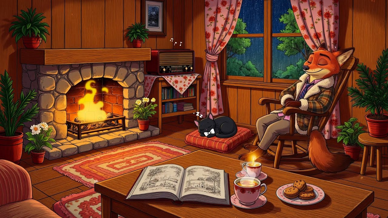 Vintage Oldies Playing in Another Room while it’s raining and you unwind beside Crackling Fireplace