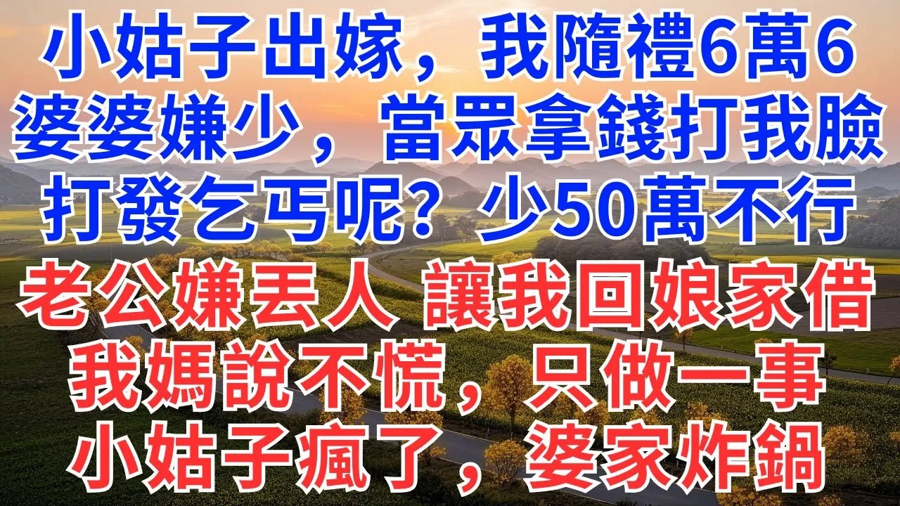 小姑子出嫁，我隨禮6萬6，婆婆嫌少，當眾拿錢打我臉：打發乞丐呢？少50萬不行，老公嫌我丟人，讓我回娘家借，我媽說不慌，只做一事，小姑子瘋了，婆家炸鍋#為人處世#情感#情感故事#小說#生活經驗#女性成長