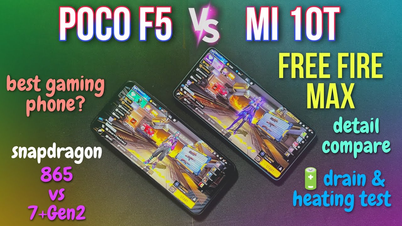 Mi 10T 🆚 Poco F5 Free Fire Max detail compare // battery🔋drain & speaker test // 865 vs 7+Gen2...