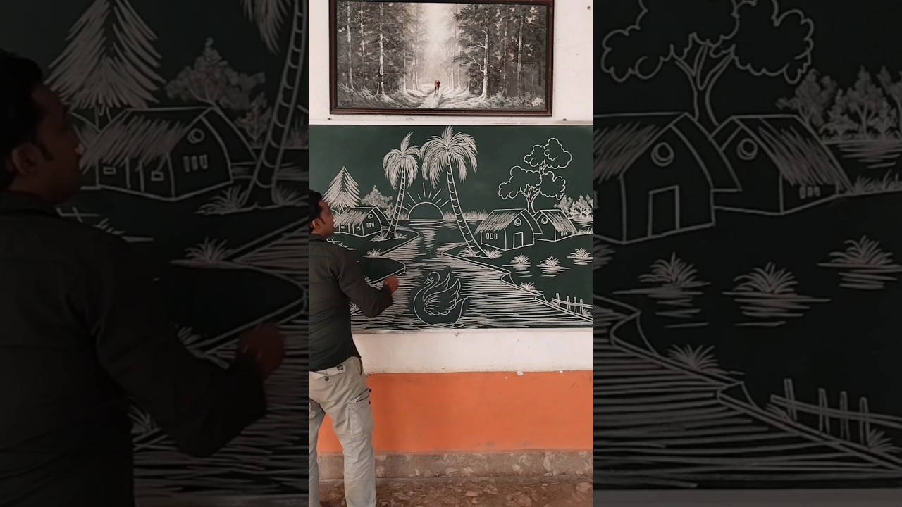 How to draw a beautiful nature scene on a blackboard easy 😳| #drawing #art#blackboardart #short