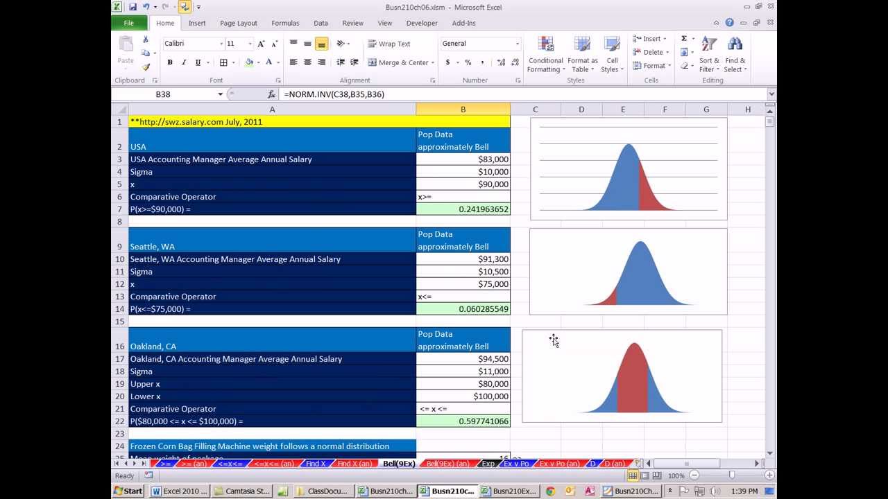 Excel 2010 Statistics 62: Calculating Bell Normal Distribution Probabilities & X Values 10 Examples
