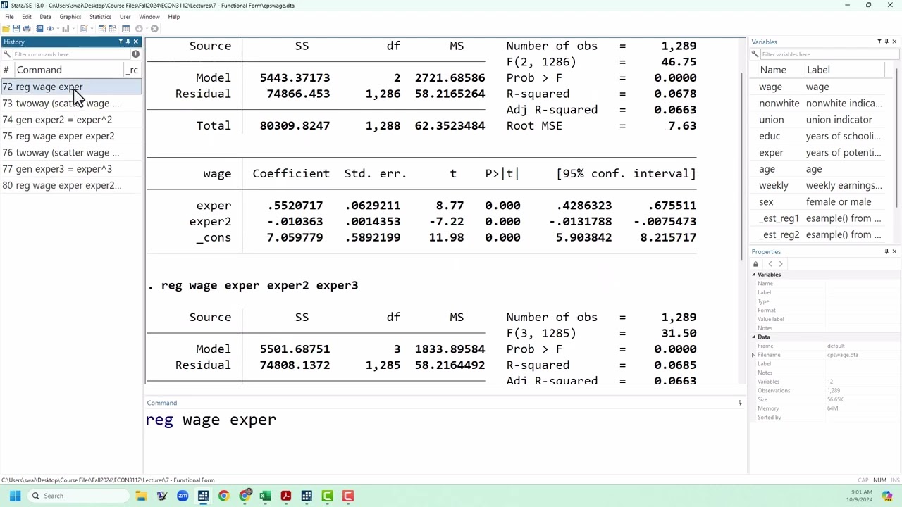 Основы Stata: полиномиальные функциональные формы в регрессиях