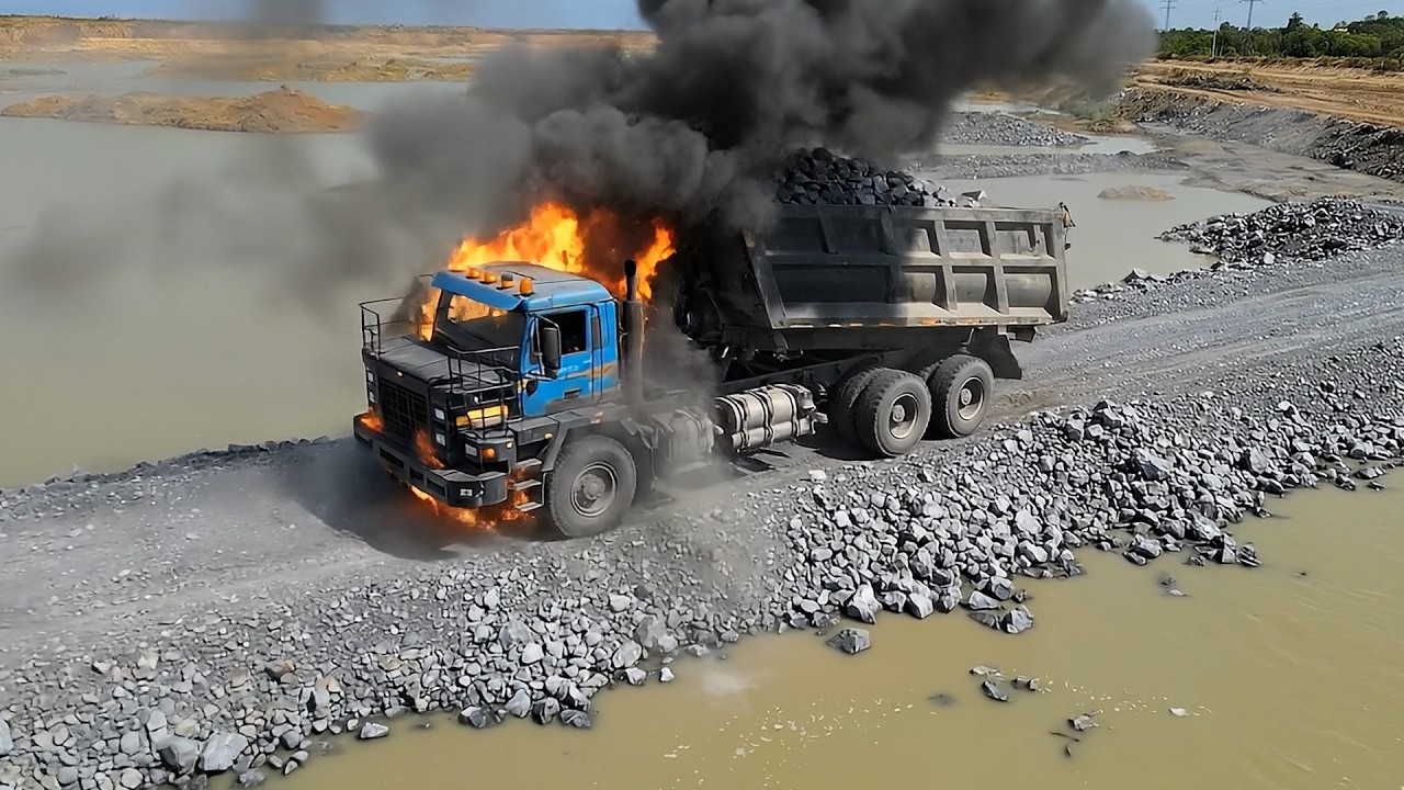 Great Fillig  Mighty Machines On Big Water With Old Bulldozer Slow Work & Dumper Truck Carrying Rock