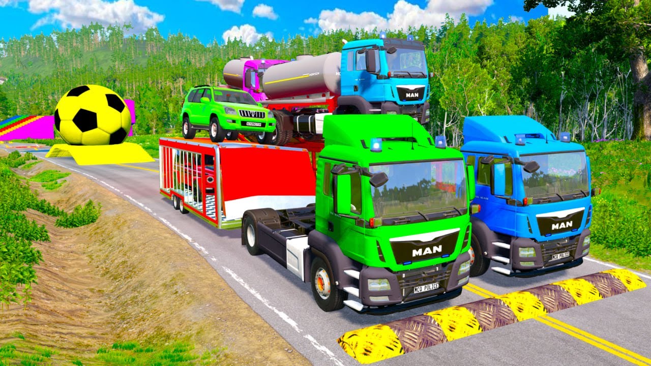 Double Flatbed Trailer Tuck vs Speedbumps Train vs Cars | Tractor vs Train Beamng.Drive #18