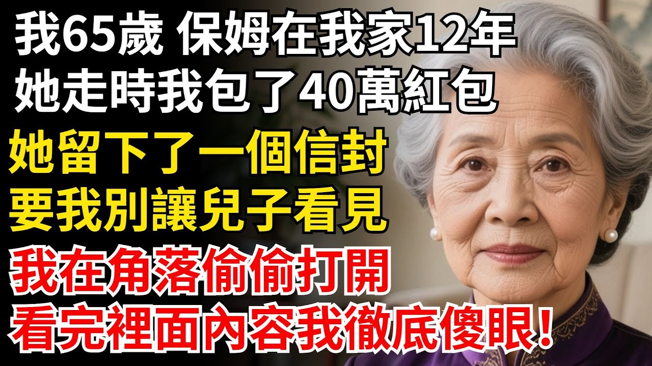 我65歲 保姆在我家12年，她走時我包了40萬紅包，她留下了一個信封，要我別讓兒子看見，打開後裡面內容讓我傻眼！#晚年生活#中老年生活#為人處世#生活經驗#情感故事