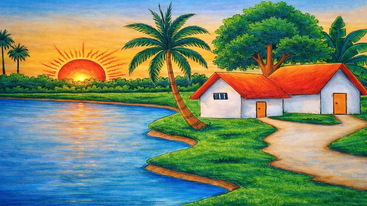 How to Draw a Village River Side Scenery Drawing Step by Step | Sunset Landscape Art with Color