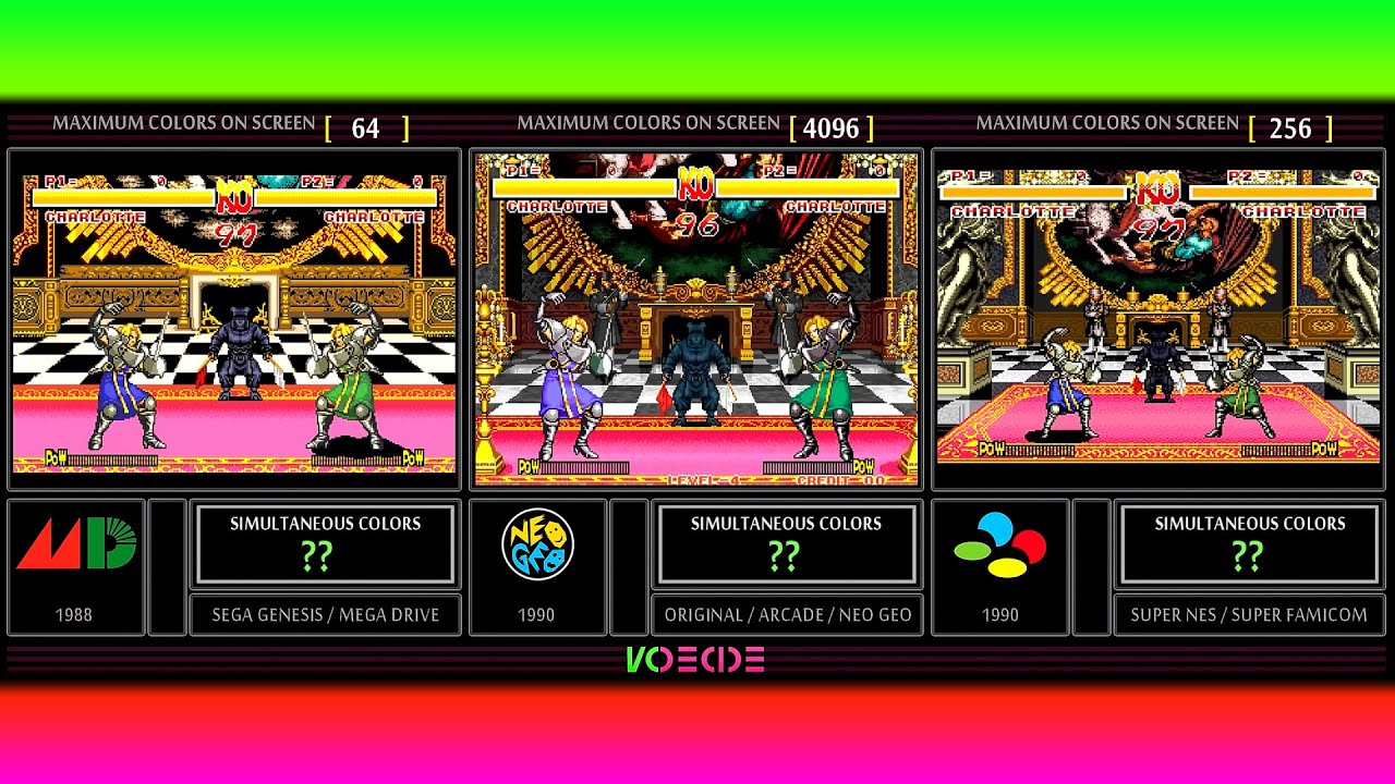 Simultaneous Colors of Samurai Shodown (Sega Genesis vs Arcade vs SNES) Color Comparison | VCDECIDE