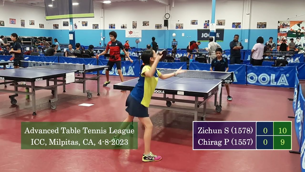 Zichun Shen (1578, pips BH) vs Chirag Pradhan (1557) at ICC TT League on 4-8-2023