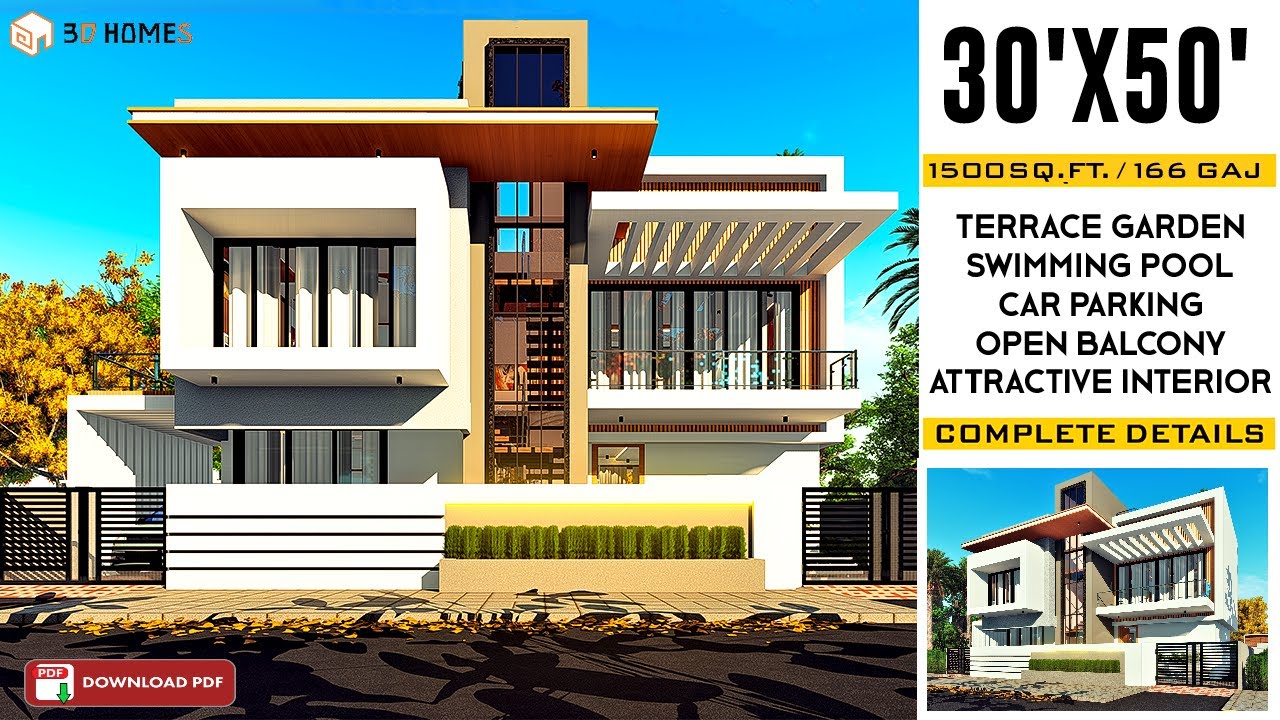 30x50 House Design 3D | 1500 Sqft | 167 Gaj | 3 BHK | Swimming Pool | Terrace Garden | Complete Info