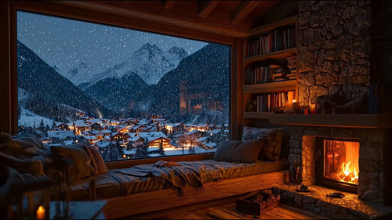 Warm Winter Cabin Ambience ❄🔥 Snowfall & Crackling Fireplace for Deep Sleep & Relaxation