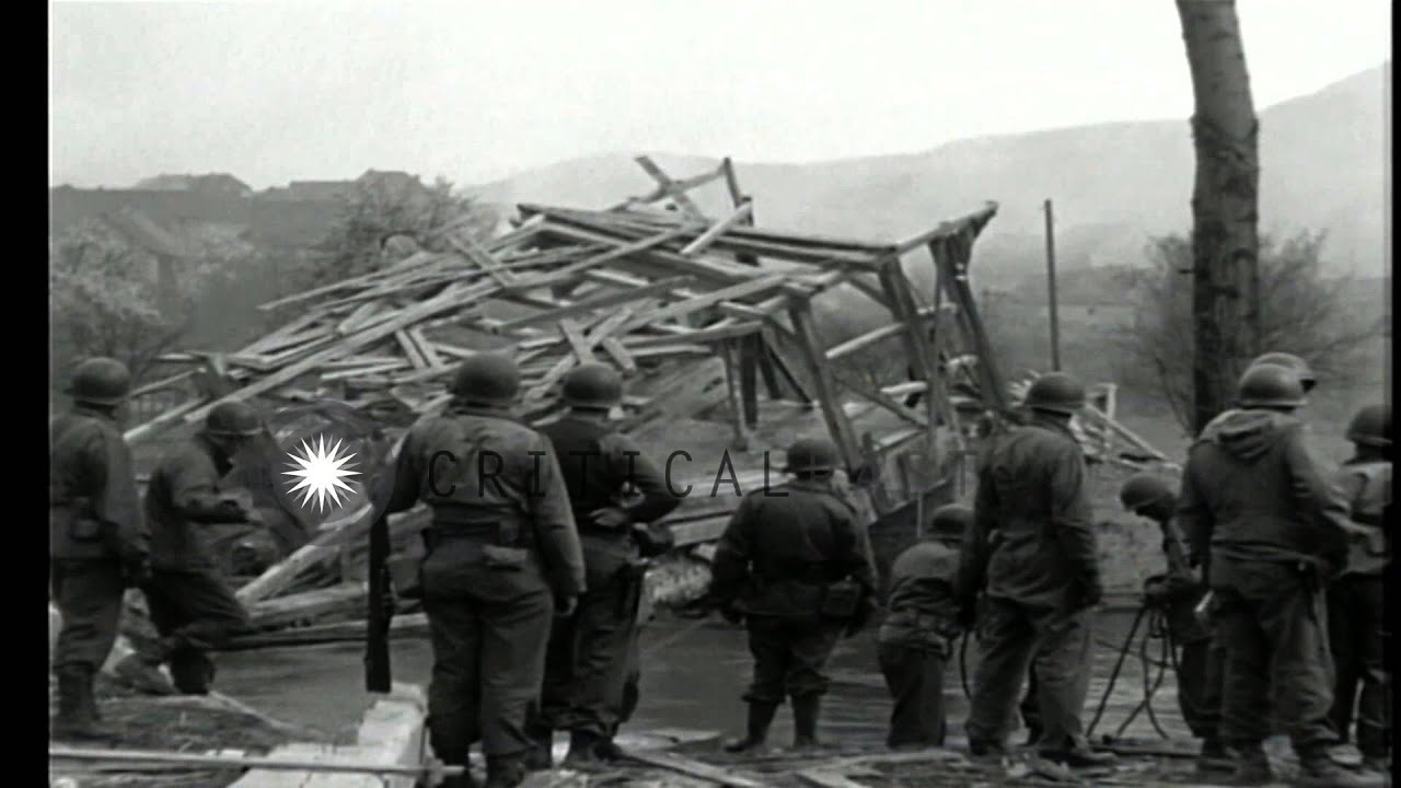 US Army 90th Infantry prepares a Treadway Bridge to cross a river near Kunitz, Ge...HD Stock Footage