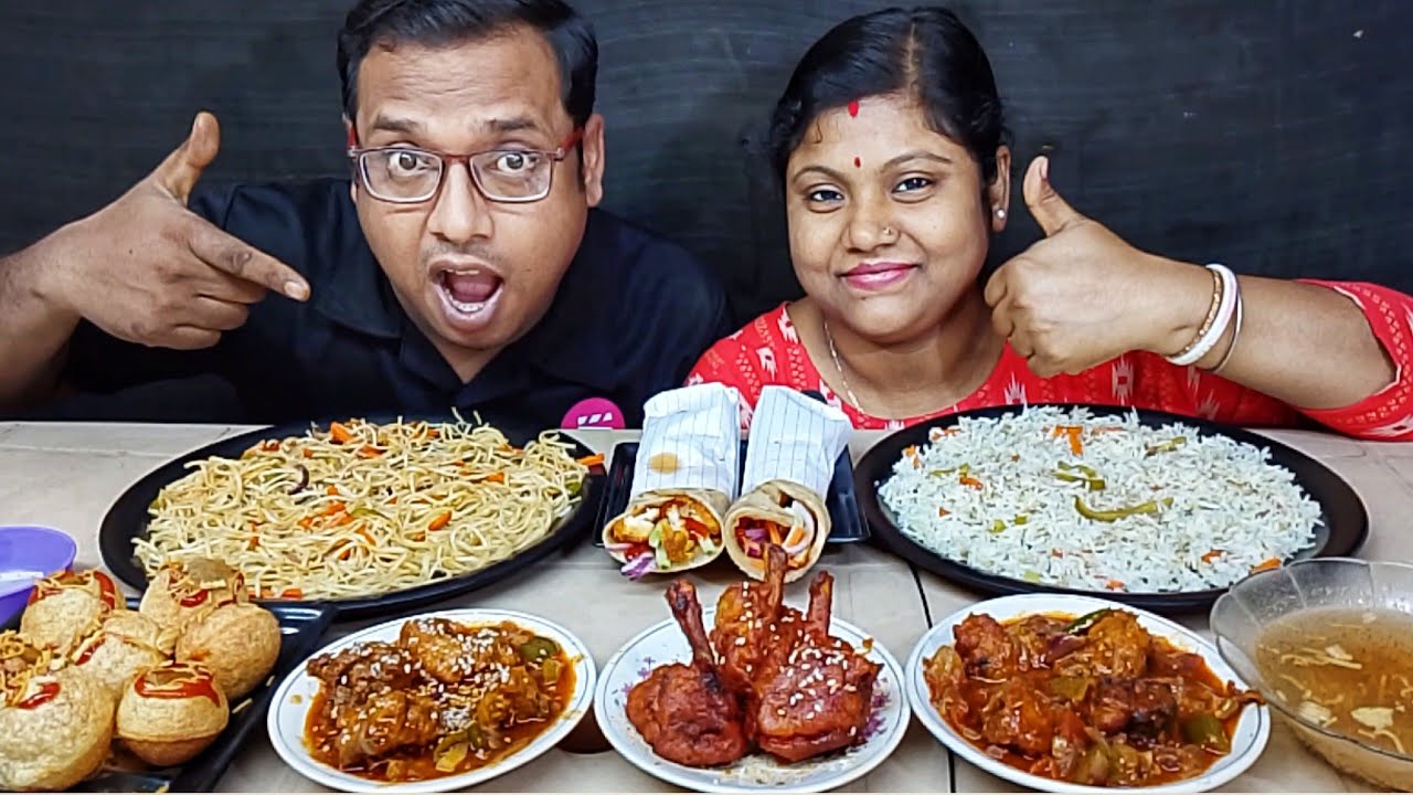 CHICKEN MANCHURIAN RICE CHILLI CHICKEN HAKKA NOODLES PANIPURI EATING CHALLENGE // food family blogs 