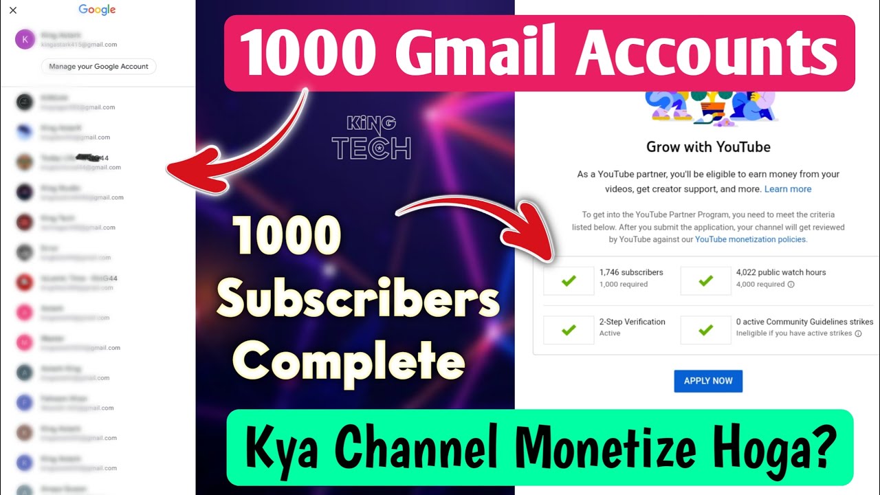 1000 GMAIL - 1000 SUBSCRIBERS Complete | Kya Channel Monetize Hoga? | King TECH