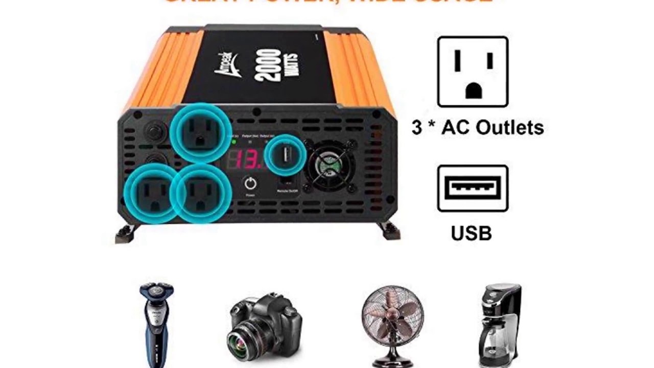 Ampeak 2000W Power Inverter 3 AC Outlets DC 12V to 110V AC Car Converter 2.1A USB Inverter