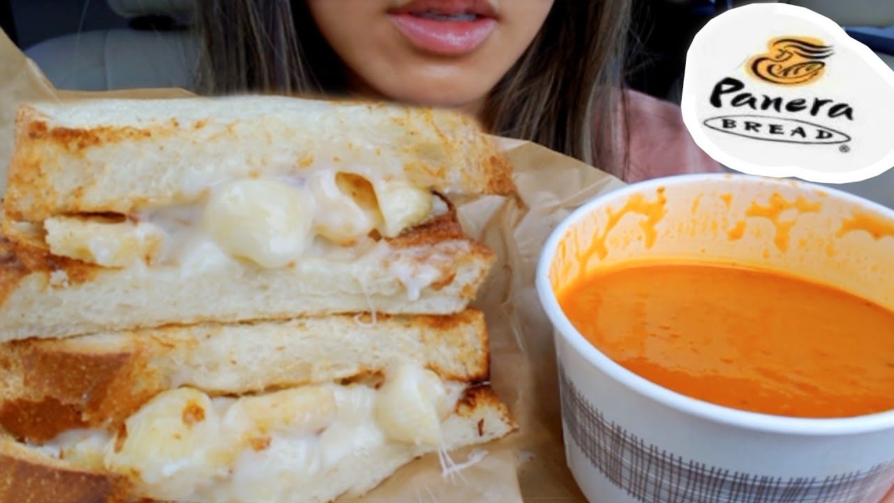 ASMR EATING PANERA BREAD CAR MUKANG MAC N CHEESE SANDWICH TOMATO SOUP REAL SOUND TWILIGHT SHOW