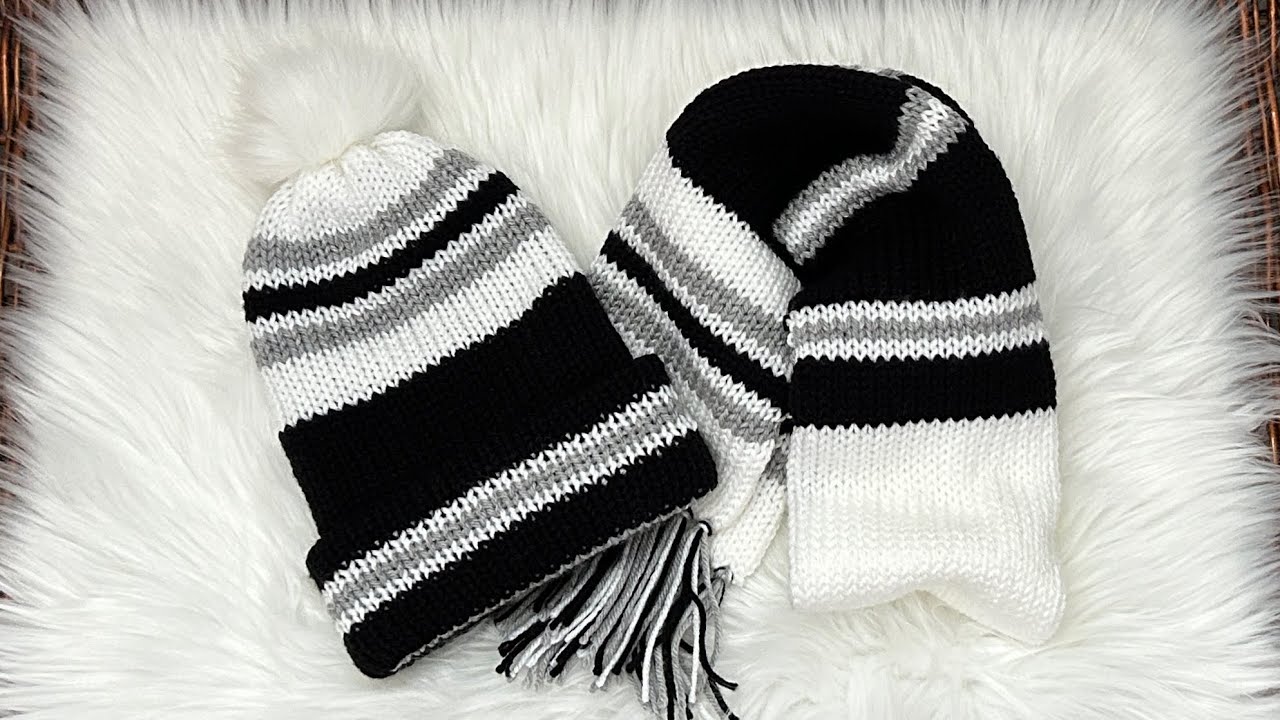 Striped Scarf And Matching Reversible Beanie ~ Addi 46 and Sentro 40 Needle Machines