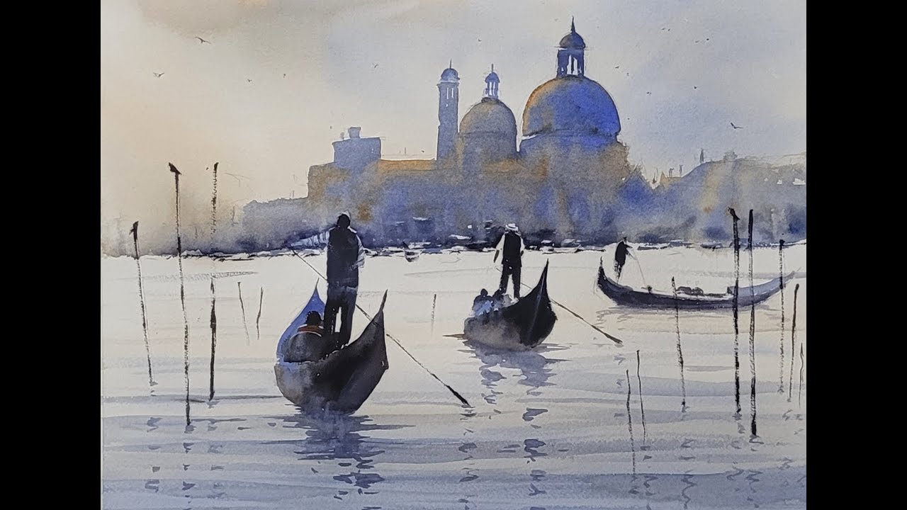 How to Make a Simple Watercolor Venice Silhouette with Gondolas