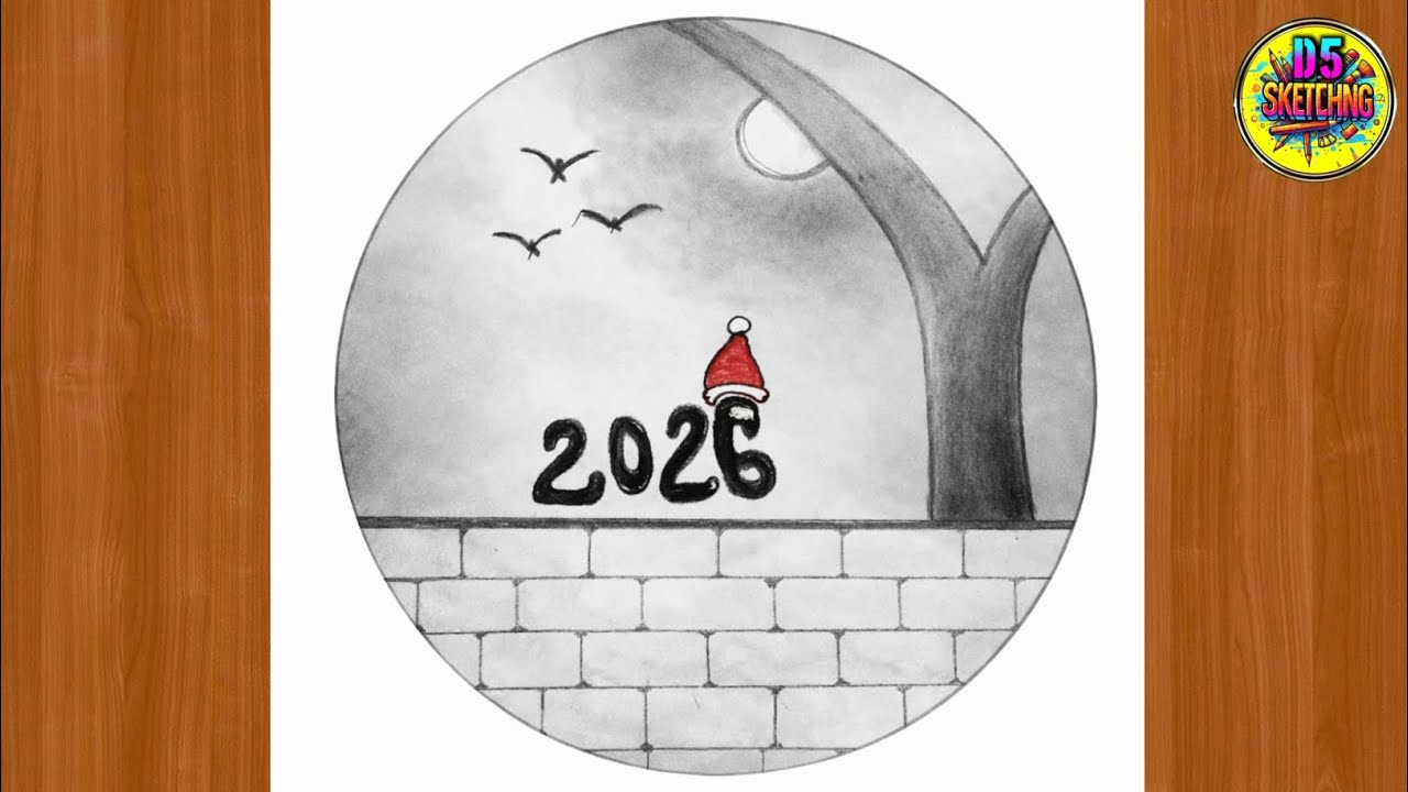 Happy New Year 2026 Drawing - New Year Scenery Drawing Step by Step. Easy drawing for beginners.