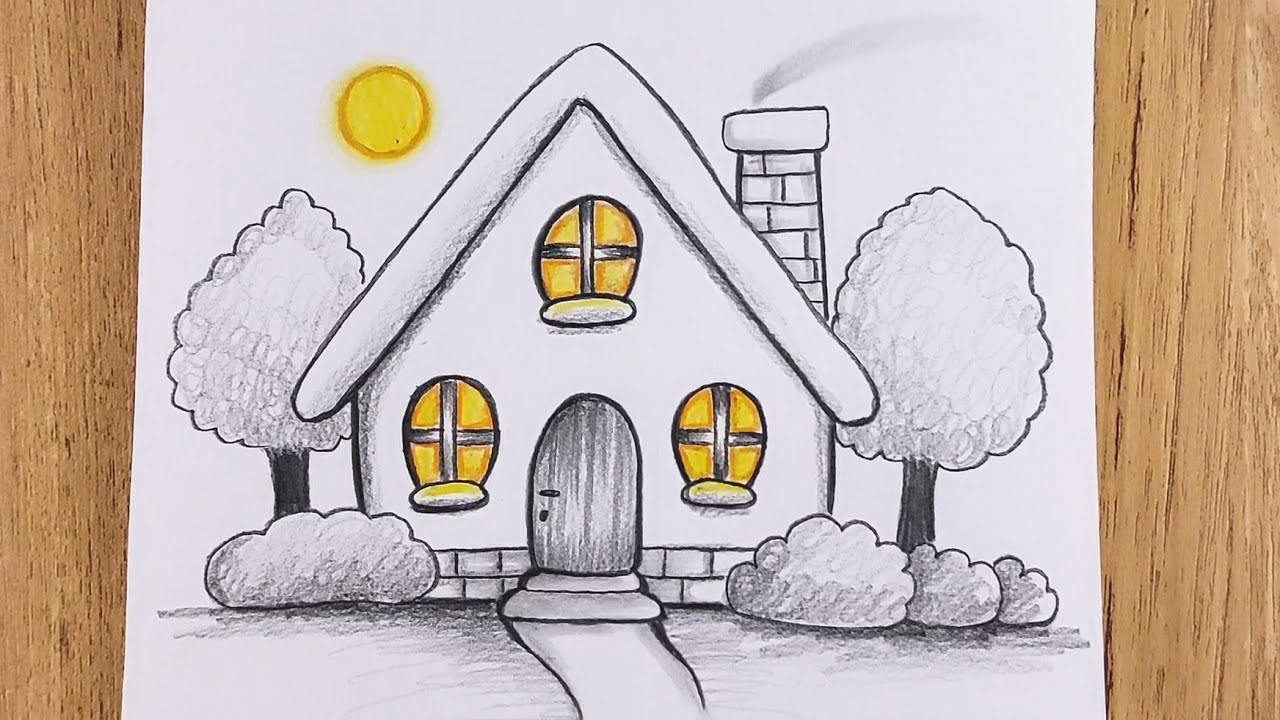 Как нарисовать милый 🏠 домик с 🟡 🌞, легкие рисунки для начинающих карандашом ✏️