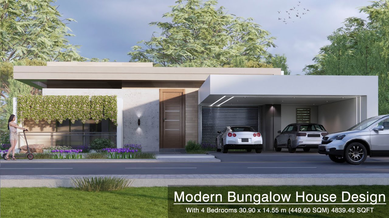 Modern Bungalow House Design with 4 Bedrooms (30.9x14.55 Meters)