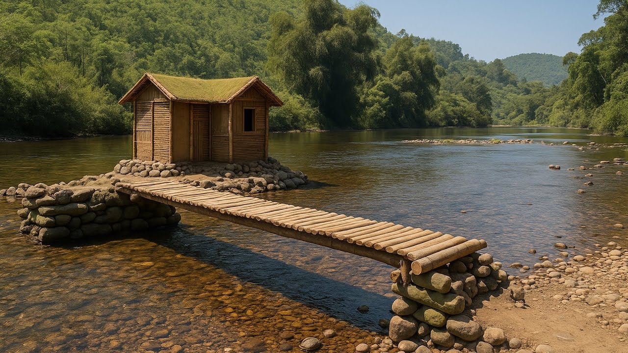 Build a rustic cabin entirely out of dirt on a rocky island in the middle of a river