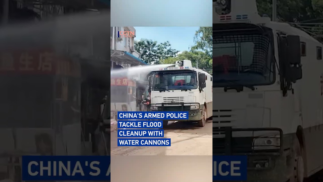 Post-flood cleanup: Chinese armed police deploy water cannon truck