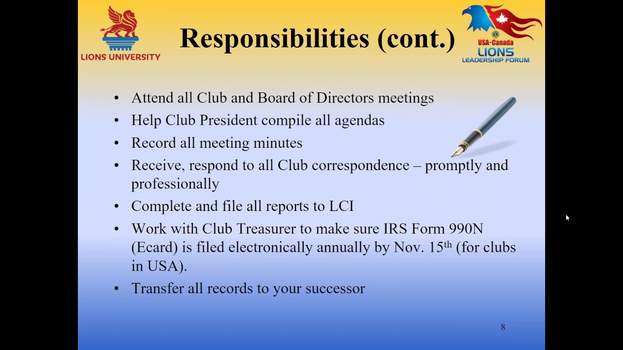 Lions University Course 122:  Club Secretary
