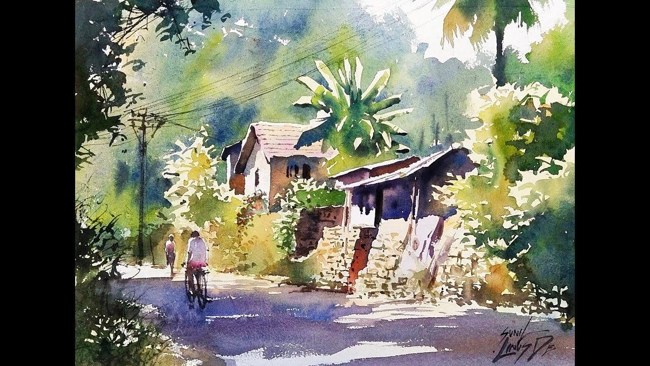 How To Make A Village Scene With Light And Shadow In Watercolour By Sunil Linus De(GRAMAKAZHICHAKAL)