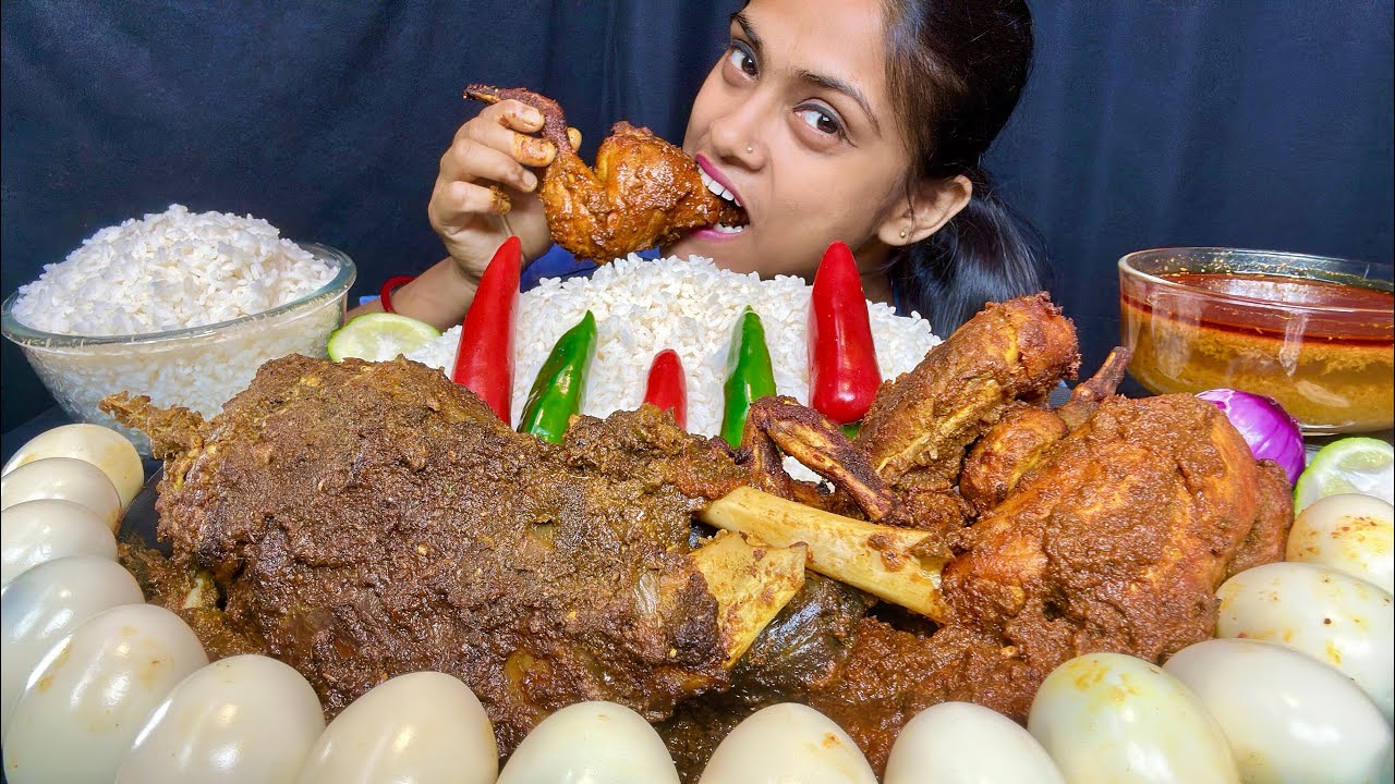 Spicy Mutton Leg Curry Whole Chicken Curry Boiled Egg With Rice Eating Big Bites Mutton Eating