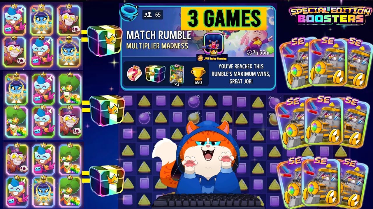 3 GAMES/ Match Rumble Multiplier Madness+Rainbow+Bombs Away/65 Players/Match Masters