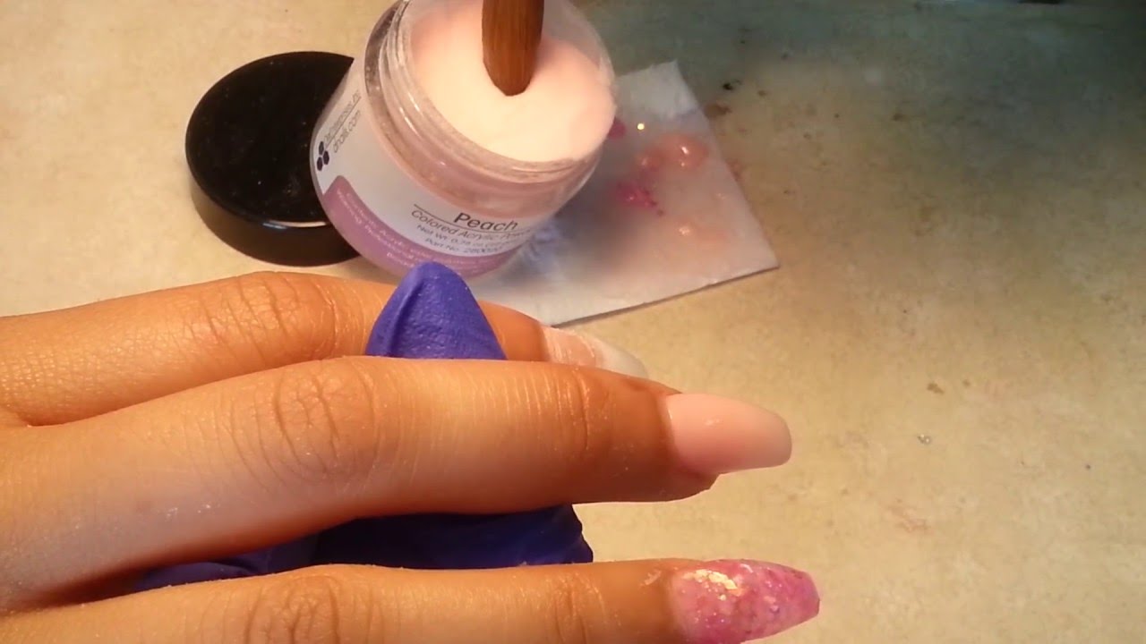 Peach Colored Acrylic Powder Coffin Nail Shape